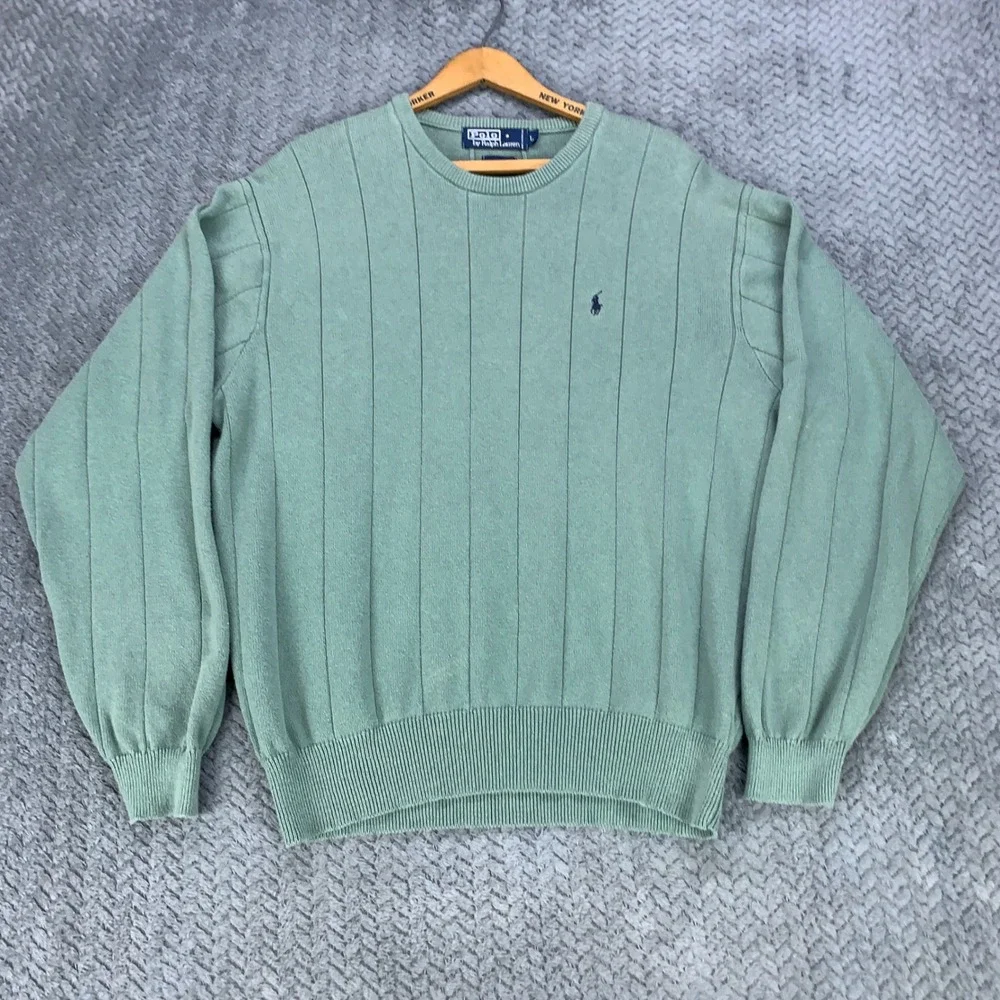 Polo Ralph Lauren Sweater Mens Large Sage Green Ribbed Crewneck Vintage